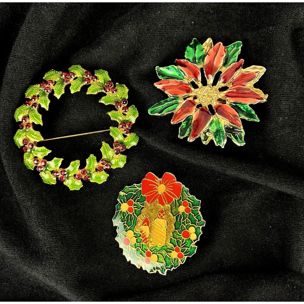 3 Vintage Christmas Holiday Brooch Pins Wreath Poinsettia Gold Tone Enamel